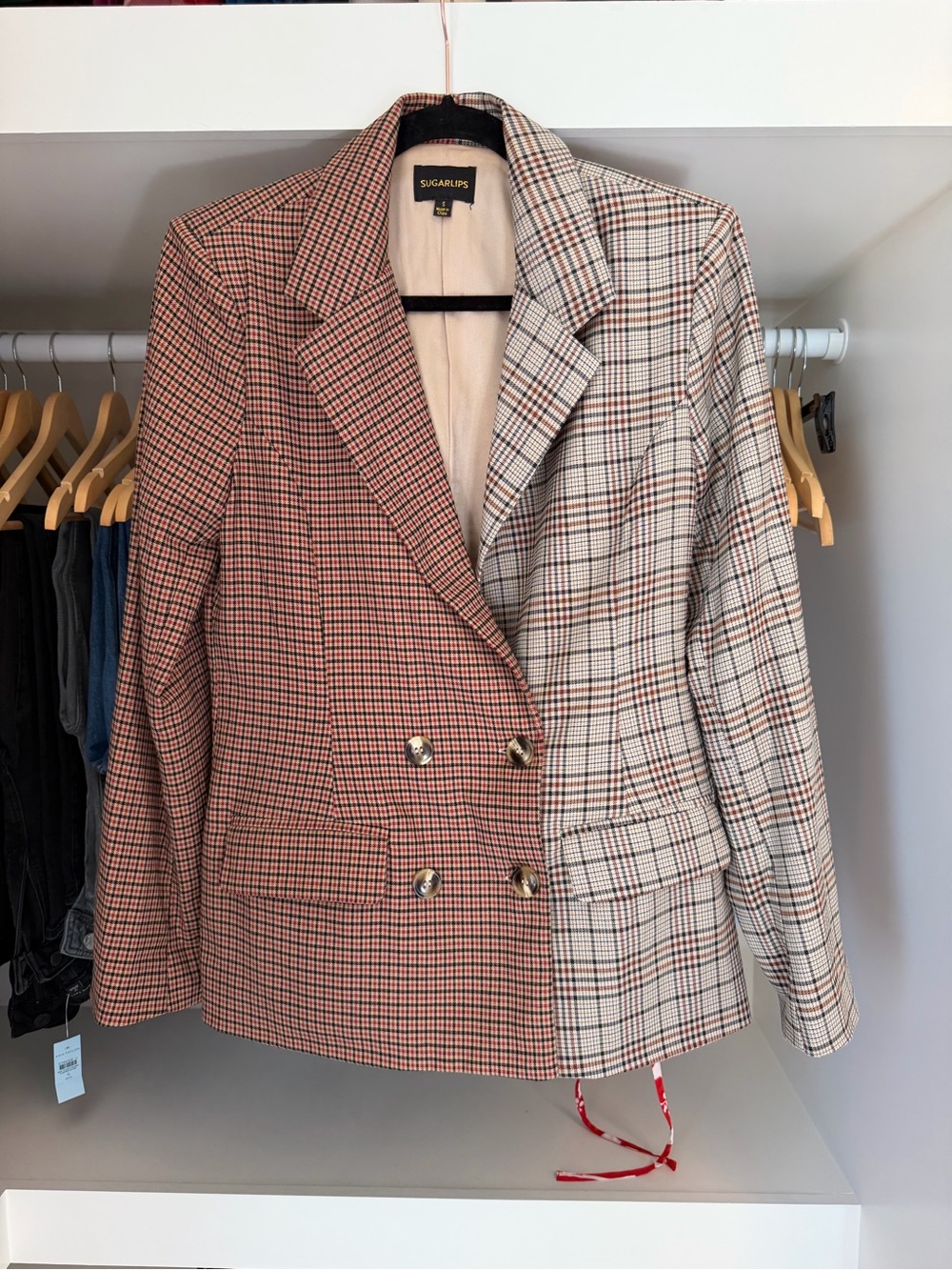 Sugarlips Two-Tone Plaid Double-Breasted Blazer in Brown and Cream
